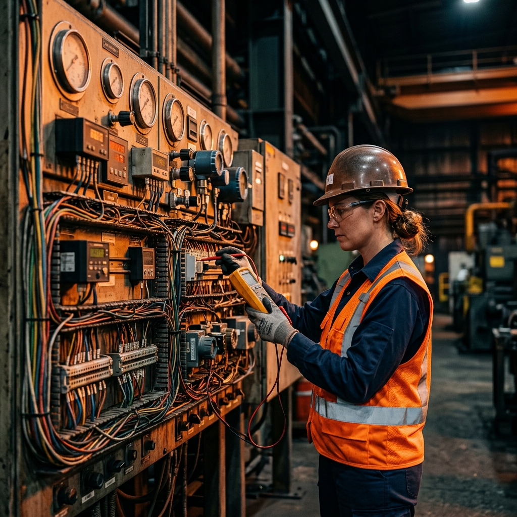 DREME engineer inspecting industrial instruments at a process plant