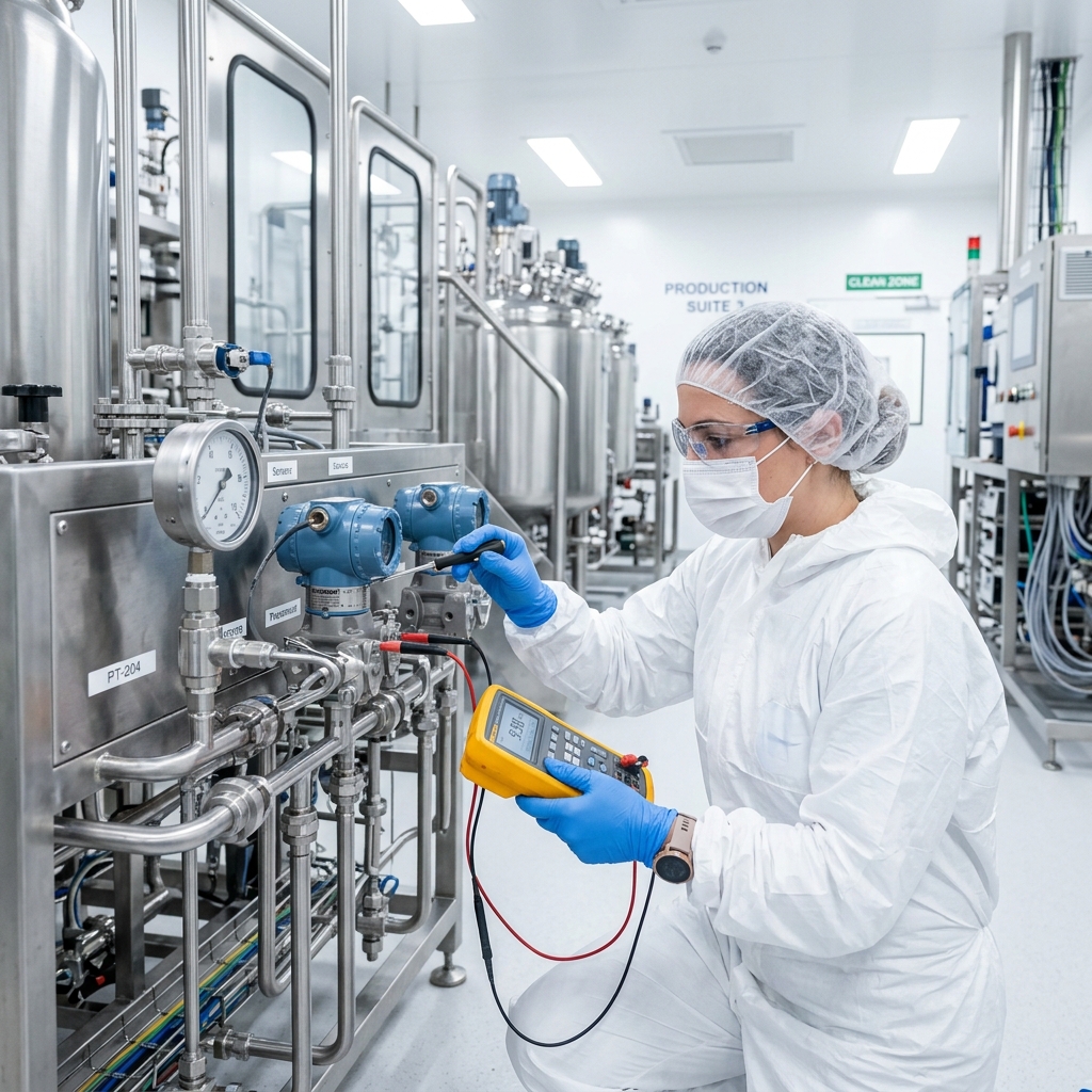 Engineer calibrating precision instruments at pharmaceutical facility