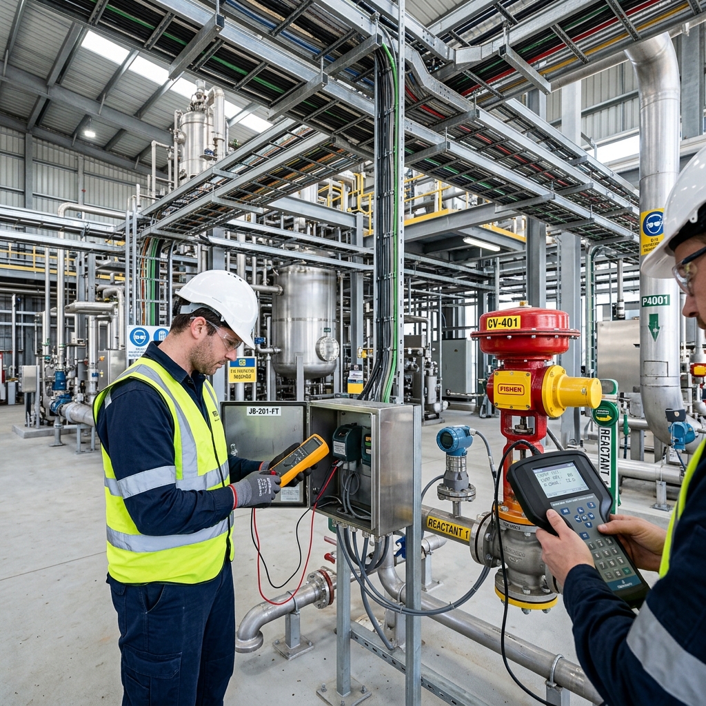 Engineers performing loop checking and commissioning at chemical plant