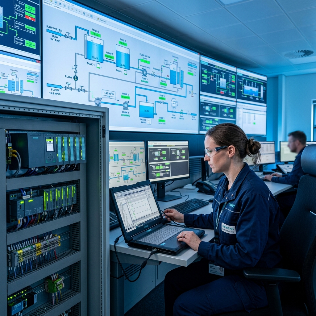 Engineer programming PLC panel with SCADA screens in water treatment plant