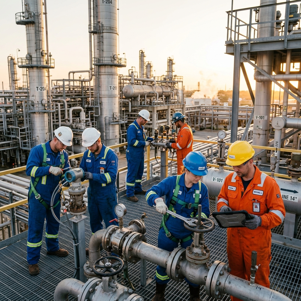 Engineering team performing shutdown maintenance at oil and gas refinery